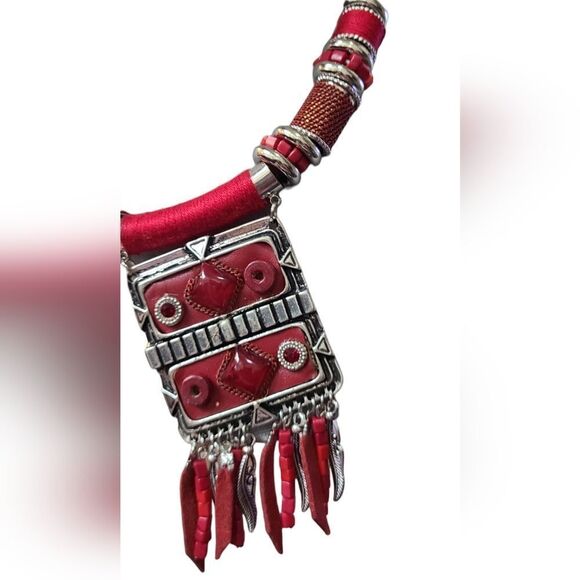 PARIS Necklace Ethnic Tribal Statement Solid Reversible Red & Silver - Picture 9 of 13
